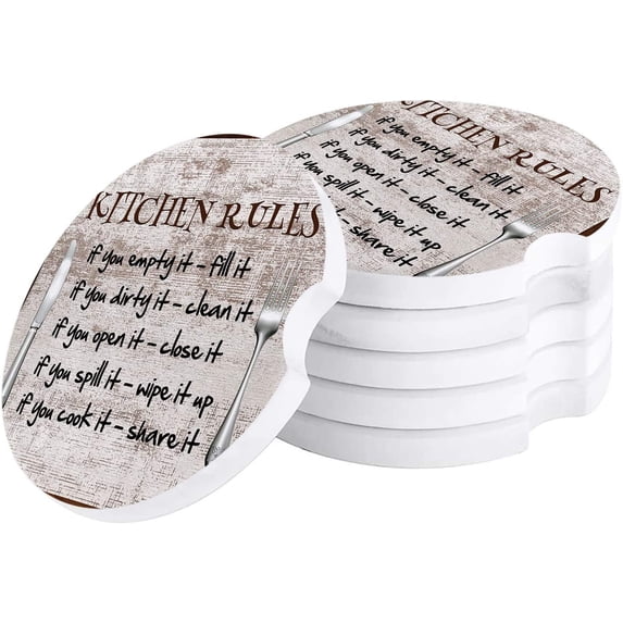 FMSHPON Kitchen Rules Knife and Fork Retro Wood Grain Set of 2 Car Coaster for Drinks, Absorbent Ceramic Stone Coasters Cup Mat with Cork Base for Home Kitchen Room Coffee Table Bar Decor