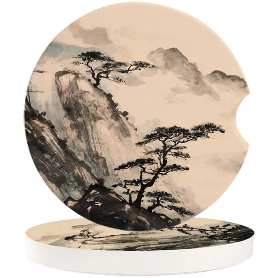 FMSHPON Landscape Painting Mountain Pine Trees Oriental Style Ink Set of 6 Car Coaster for Drinks, Absorbent Ceramic Stone Coasters Cup Mat with Cork Base for Home Kitchen Room Coffee Table Bar Decor