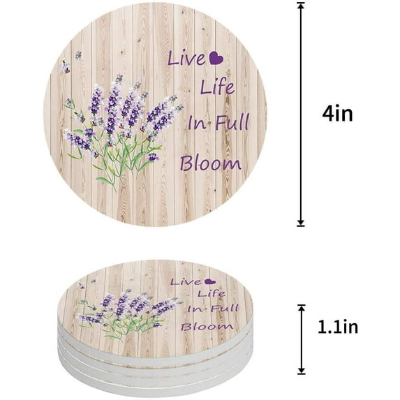 FMSHPON Lavender Love the Life You Live Set of 4 Round Coaster for Drinks, Absorbent Ceramic Stone Coasters Cup Mat with Cork Base for Home Kitchen Room Coffee Table Bar Decor