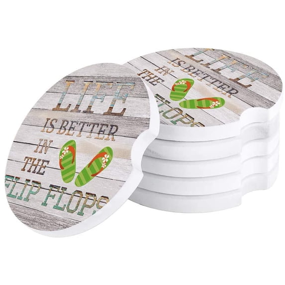 FMSHPON Life is Better in Flip Flops Vintage Plank Set of 2 Car Coaster for Drinks, Absorbent Ceramic Stone Coasters Cup Mat with Cork Base for Home Kitchen Room Coffee Table Bar Decor