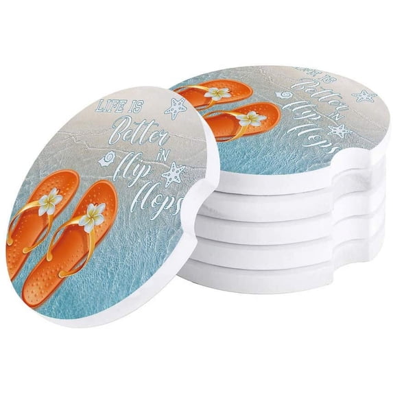 FMSHPON Life is Better in Orange Flip Flops Beach Starfish Shell Set of 2 Car Coaster for Drinks, Absorbent Ceramic Stone Coasters Cup Mat with Cork Base for Home Kitchen Room Coffee Table Bar Decor