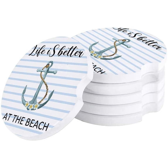 FMSHPON Life is Better at The Beach Anchor Stripe Set of 4 Car Coaster for Drinks, Absorbent Ceramic Stone Coasters Cup Mat with Cork Base for Home Kitchen Room Coffee Table Bar Decor