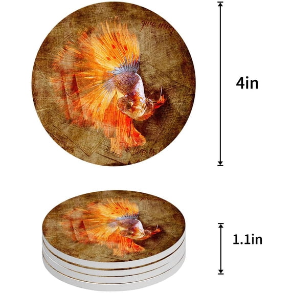 FMSHPON Life Fish Oil Painting Vintage Set of 8 Round Coaster for Drinks, Absorbent Ceramic Stone Coasters Cup Mat with Cork Base for Home Kitchen Room Coffee Table Bar Decor