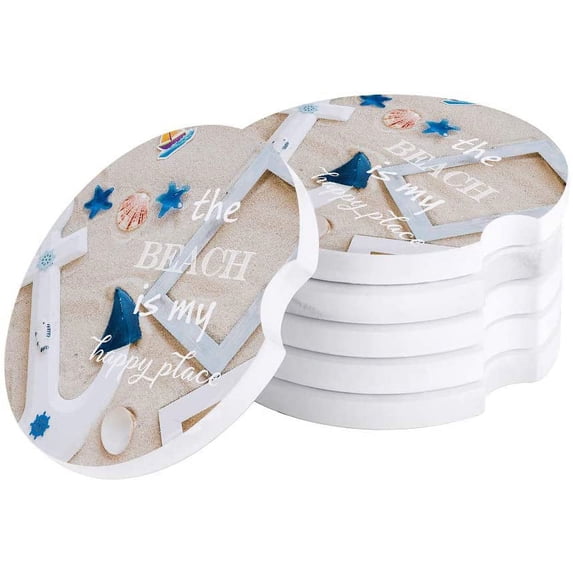 FMSHPON Life Starfish Shells and Anchor on The Beach Set of 2 Car Coaster for Drinks, Absorbent Ceramic Stone Coasters Cup Mat with Cork Base for Home Kitchen Room Coffee Table Bar Decor