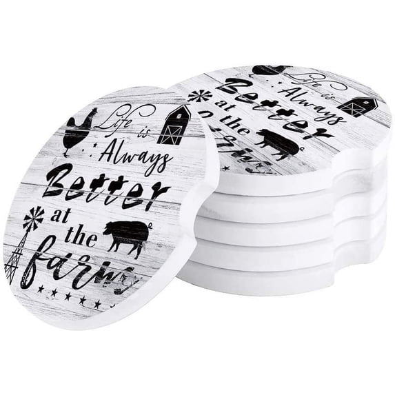 FMSHPON Life is always Better at The Farm on Wooden Grain Set of 4 Car Coaster for Drinks, Absorbent Ceramic Stone Coasters Cup Mat with Cork Base for Home Kitchen Room Coffee Table Bar Decor