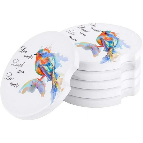 FMSHPON Live Simply Laugh Often Love Deeply Bird Watercolor Inkjet Set of 2 Car Coaster for Drinks, Absorbent Ceramic Stone Coasters Cup Mat with Cork Base for Home Kitchen Room Coffee Table Bar Decor