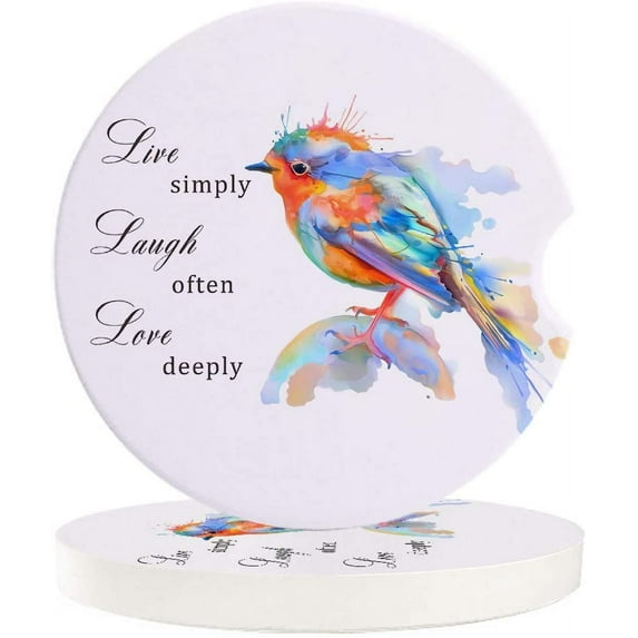 FMSHPON Live Simply Laugh Often Love Deeply Bird Watercolor Inkjet Set of 6 Car Coaster for Drinks, Absorbent Ceramic Stone Coasters Cup Mat with Cork Base for Home Kitchen Room Coffee Table Bar Decor