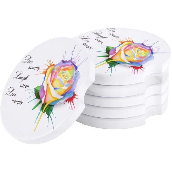 FMSHPON Live Simply Laugh Often Love Deeply Rose Watercolor Inkjet Set of 2 Car Coaster for Drinks, Absorbent Ceramic Stone Coasters Cup Mat with Cork Base for Home Kitchen Room Coffee Table Bar Decor
