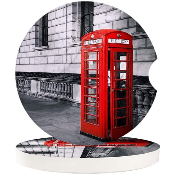 FMSHPON London Street Red Telephone Booth Set of 6 Car Coaster for Drinks, Absorbent Ceramic Stone Coasters Cup Mat with Cork Base for Home Kitchen Room Coffee Table Bar Decor