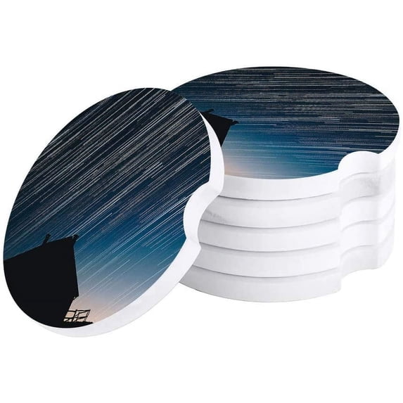 FMSHPON Long Exposure Stars and House Shadow Pattern Set of 2 Car Coaster for Drinks, Absorbent Ceramic Stone Coasters Cup Mat with Cork Base for Home Kitchen Room Coffee Table Bar Decor