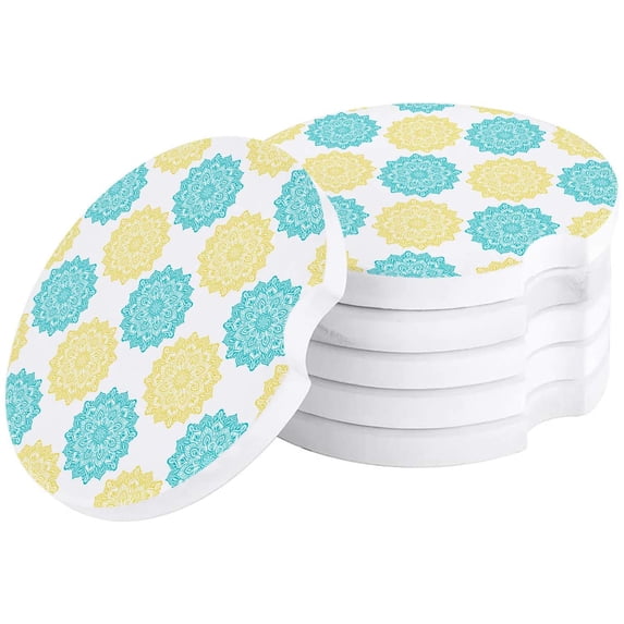 FMSHPON Mandala Pattern Aqua and Yellow Texture Set of 4 Car Coaster for Drinks, Absorbent Ceramic Stone Coasters Cup Mat with Cork Base for Home Kitchen Room Coffee Table Bar Decor