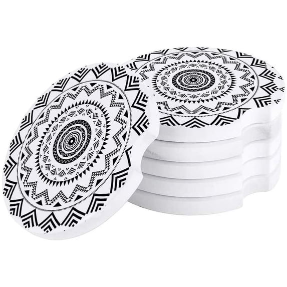 FMSHPON Mandala Style Black White Geometry Pattern Set of 2 Car Coaster for Drinks, Absorbent Ceramic Stone Coasters Cup Mat with Cork Base for Home Kitchen Room Coffee Table Bar Decor