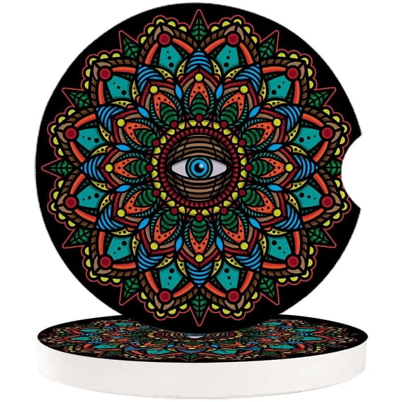 FMSHPON Mandala Style Eyes Geometric Pattern Set of 6 Car Coaster for Drinks, Absorbent Ceramic Stone Coasters Cup Mat with Cork Base for Home Kitchen Room Coffee Table Bar Decor