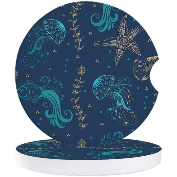 FMSHPON Mandala Style Fish Jellyfish Starfish Set of 6 Car Coaster for Drinks, Absorbent Ceramic Stone Coasters Cup Mat with Cork Base for Home Kitchen Room Coffee Table Bar Decor
