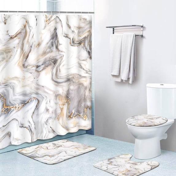 FMSHPON Marble Painting 4 Piece Bathroom Set Shower Curtain Bath Rug Contour Mat and Toilet Lid Cover