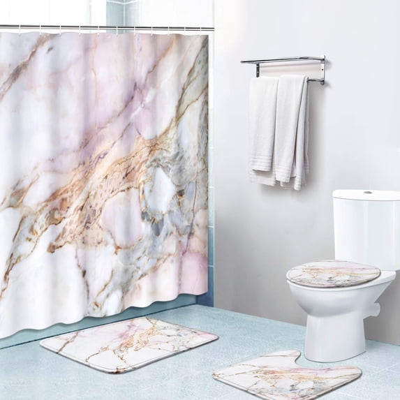 FMSHPON Marble Pink White 4 Piece Bathroom Set Shower Curtain Bath Rug Contour Mat and Toilet Lid Cover