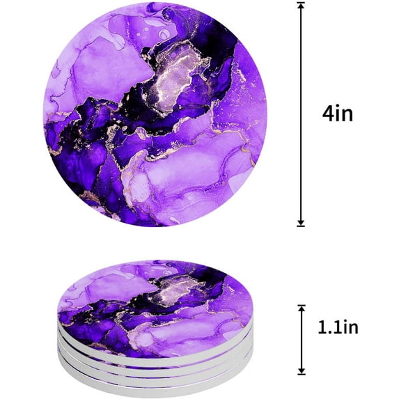FMSHPON Marble Texture Purple Ink Set of 4 Round Coaster for Drinks, Absorbent Ceramic Stone Coasters Cup Mat with Cork Base for Home Kitchen Room Coffee Table Bar Decor