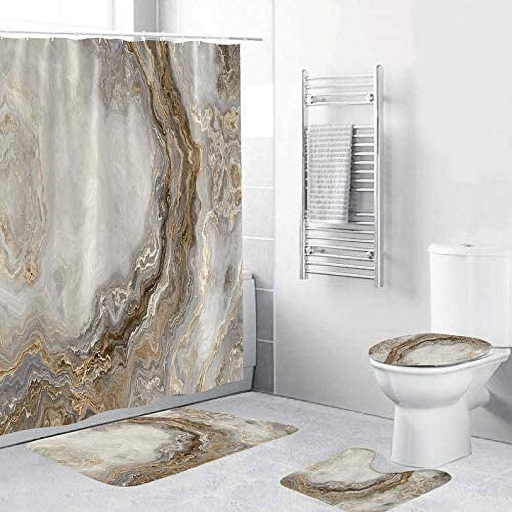 FMSHPON 4 Piece Bathroom Set: Marble White Modern Shower Curtain, Bath ...