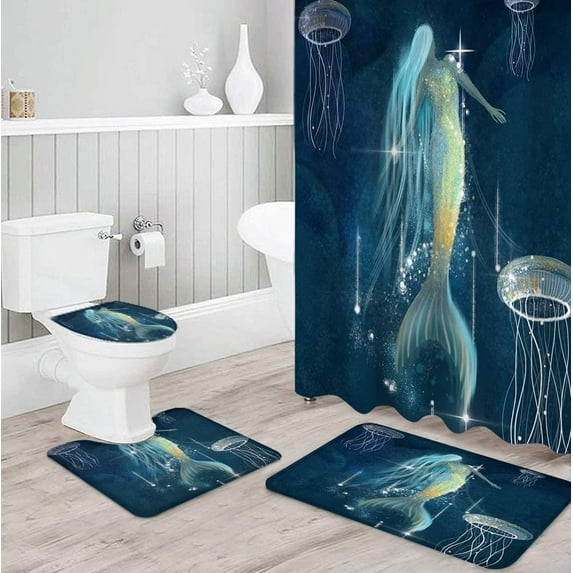FMSHPON Mermaid 4 Piece Bathroom Set Shower Curtain Bath Rug Contour Mat and Toilet Lid Cover