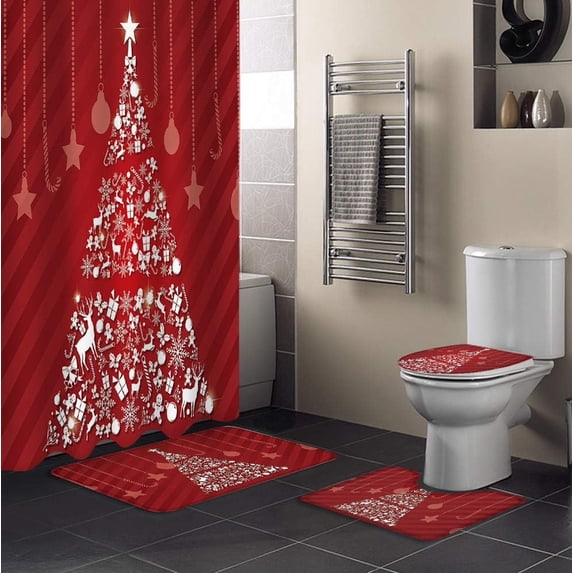 FMSHPON Merry Christmas 4 Piece Bathroom Set Shower Curtain Bath Rug Contour Mat and Toilet Lid Cover