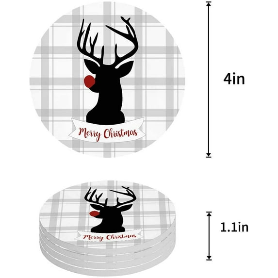 FMSHPON Merry Christmas Elk Set of 8 Round Coaster for Drinks, Absorbent Ceramic Stone Coasters Cup Mat with Cork Base for Home Kitchen Room Coffee Table Bar Decor