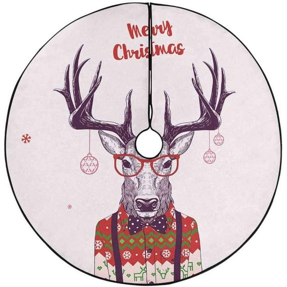 FMSHPON Merry Christmas Hipster Reindeer Xmas Christmas Tree Skirt Stand Mat for Holiday Party Decoration Indoor Outdoor 48 inches