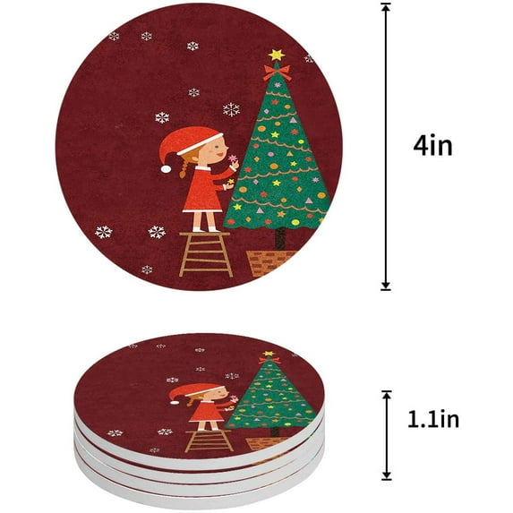 FMSHPON Merry Christmas Set of 4 Round Coaster for Drinks, Absorbent Ceramic Stone Coasters Cup Mat with Cork Base for Home Kitchen Room Coffee Table Bar Decor