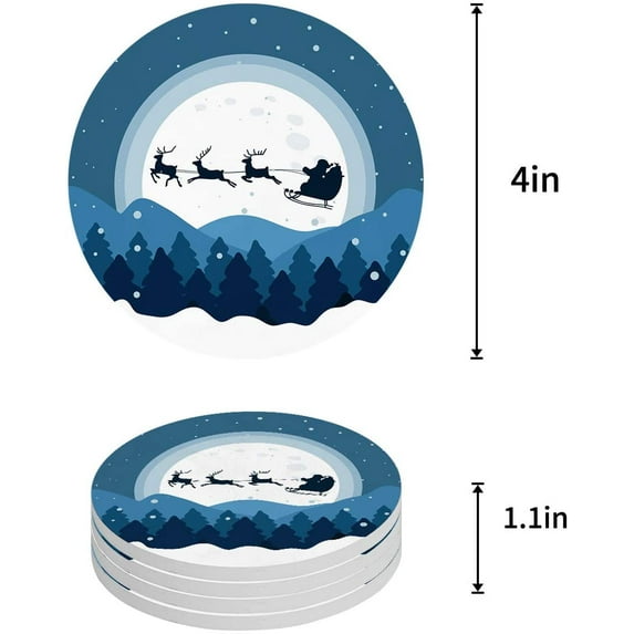 FMSHPON Merry Christmas Snow Tree Set of 6 Round Coaster for Drinks, Absorbent Ceramic Stone Coasters Cup Mat with Cork Base for Home Kitchen Room Coffee Table Bar Decor