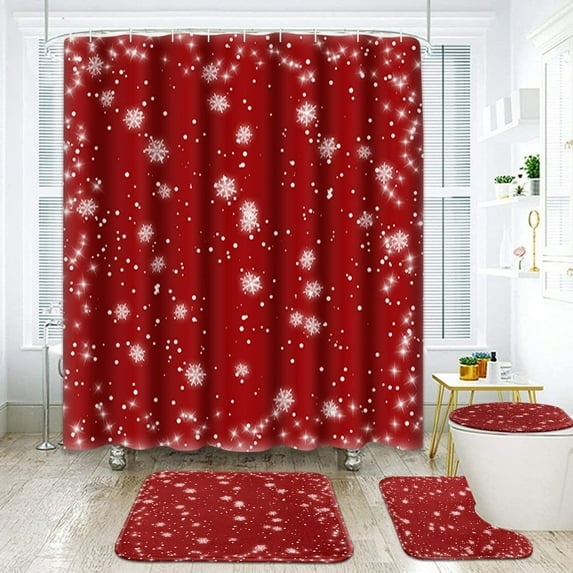 FMSHPON Merry Christmas Snowflake Red Xmas 4 Piece Bathroom Set Shower Curtain Bath Rug Contour Mat and Toilet Lid Cover