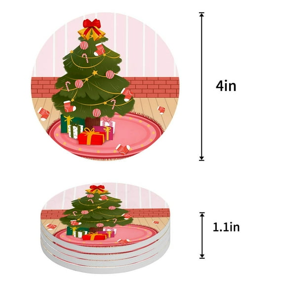 FMSHPON Merry Christmas Theme Set of 4 Round Coaster for Drinks, Absorbent Ceramic Stone Coasters Cup Mat with Cork Base for Home Kitchen Room Coffee Table Bar Decor