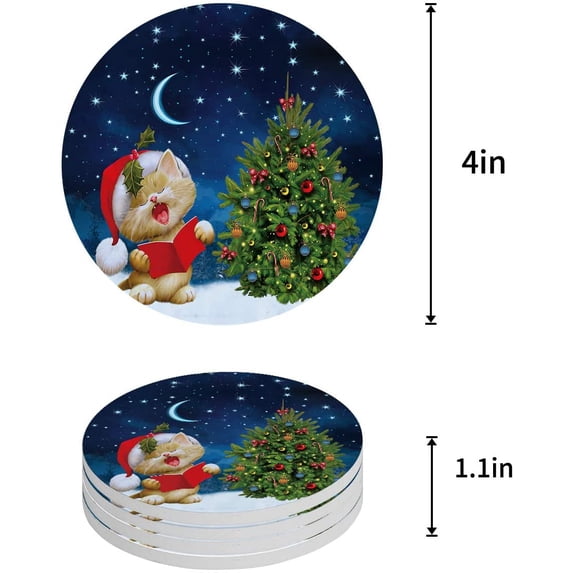 FMSHPON Merry Christmas Xmas Tree Santa Winter Christmas Set of 6 Round Coaster for Drinks, Absorbent Ceramic Stone Coasters Cup Mat with Cork Base for Home Kitchen Room Coffee Table Bar Decor