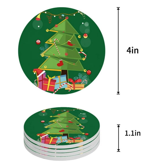 FMSHPON Merry Christmas Xmas Tree Winter Christmas Set of 4 Round Coaster for Drinks, Absorbent Ceramic Stone Coasters Cup Mat with Cork Base for Home Kitchen Room Coffee Table Bar Decor