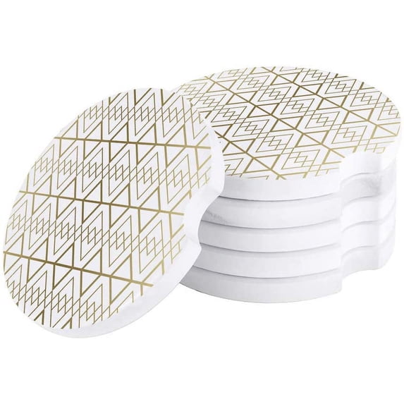 FMSHPON Minimalist Geometric Pattern White Set of 4 Car Coaster for Drinks, Absorbent Ceramic Stone Coasters Cup Mat with Cork Base for Home Kitchen Room Coffee Table Bar Decor
