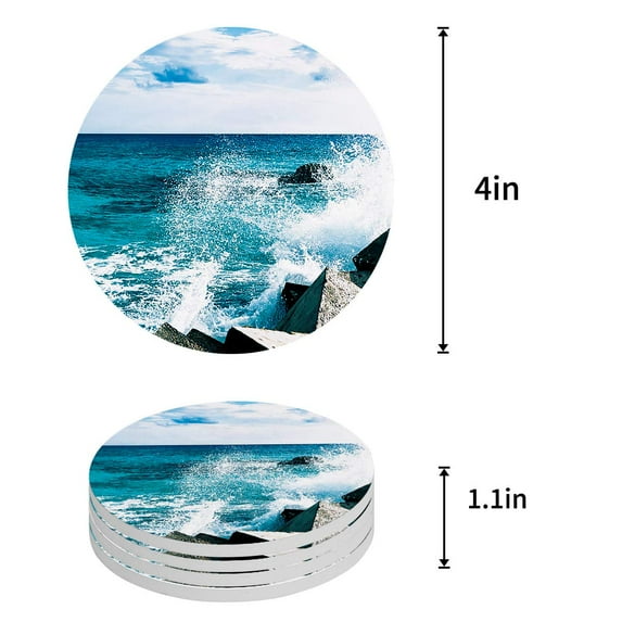 FMSHPON Modern Geometric Pattern White and Blue Set of 6 Round Coaster for Drinks, Absorbent Ceramic Stone Coasters Cup Mat with Cork Base for Home Kitchen Room Coffee Table Bar Decor