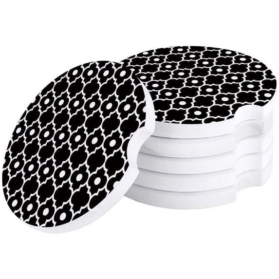 FMSHPON Morocco Pearl Printed Black Set of 4 Car Coaster for Drinks, Absorbent Ceramic Stone Coasters Cup Mat with Cork Base for Home Kitchen Room Coffee Table Bar Decor