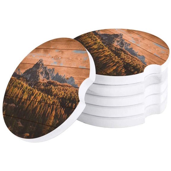 FMSHPON Mountain Peak Forest Landscape Wood Grain Set of 2 Car Coaster for Drinks, Absorbent Ceramic Stone Coasters Cup Mat with Cork Base for Home Kitchen Room Coffee Table Bar Decor