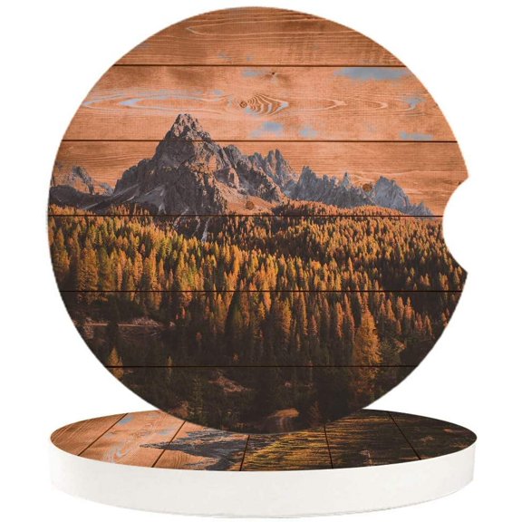 FMSHPON Mountain Peak Forest Landscape Wood Grain Set of 6 Car Coaster for Drinks, Absorbent Ceramic Stone Coasters Cup Mat with Cork Base for Home Kitchen Room Coffee Table Bar Decor