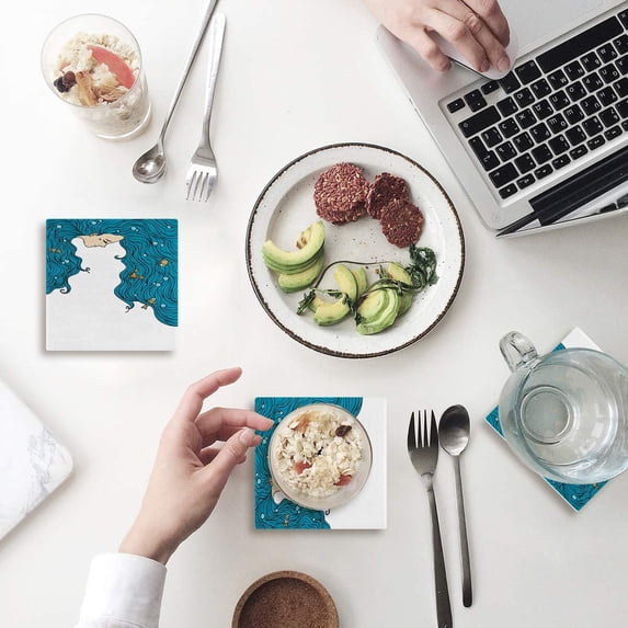 FMSHPON Mythical Illustration Cartoon Mermaid Set of 6 Coaster for Drinks, Absorbent Ceramic Stone Coasters Cup Mat with Cork Base for Home Kitchen Room Coffee Table Bar Decor