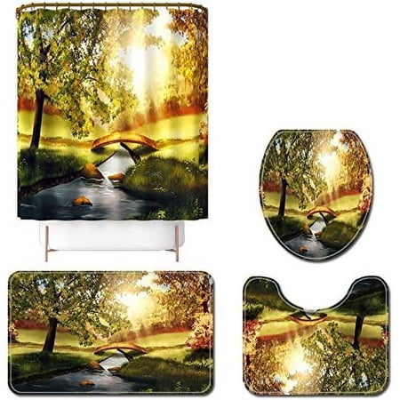 FMSHPON Natural Scenery Green Tree Floral Creek Fall Landscape 4 Piece Bathroom Set Shower Curtain Bath Rug Contour Mat and Toilet Lid Cover