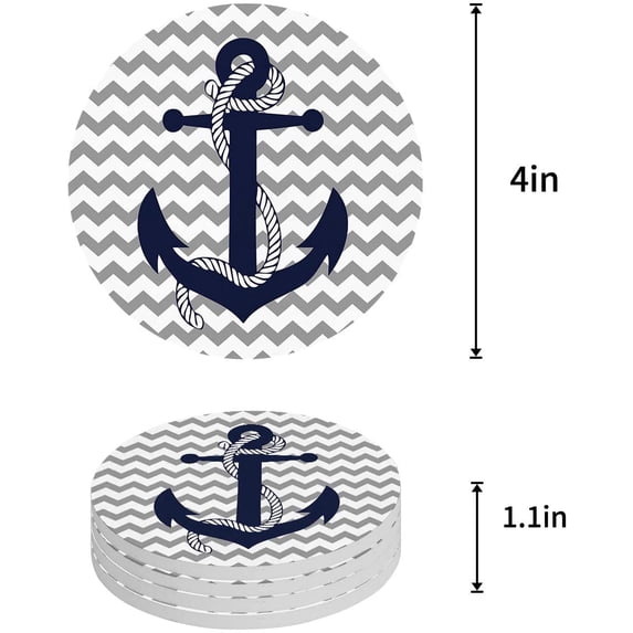 FMSHPON Nautical Anchor with Gray and White Chevron Set of 8 Round Coaster for Drinks, Absorbent Ceramic Stone Coasters Cup Mat with Cork Base for Home Kitchen Room Coffee Table Bar Decor
