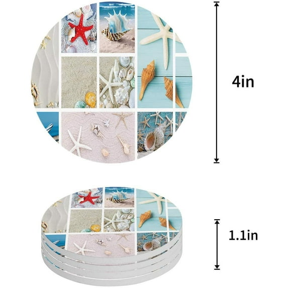 FMSHPON Nautical Sea World Starfish Shell Set of 8 Round Coaster for Drinks, Absorbent Ceramic Stone Coasters Cup Mat with Cork Base for Home Kitchen Room Coffee Table Bar Decor
