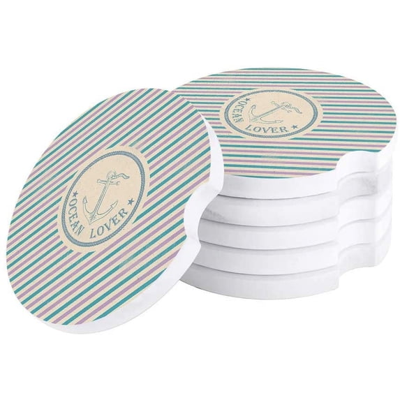 FMSHPON Nautical Style Anchor Striped Set of 4 Car Coaster for Drinks, Absorbent Ceramic Stone Coasters Cup Mat with Cork Base for Home Kitchen Room Coffee Table Bar Decor
