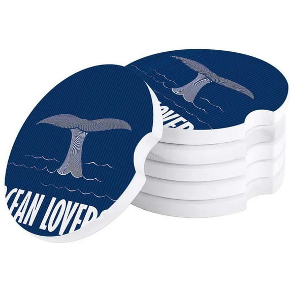 FMSHPON Nautical Style Whale Tail Striped Set of 4 Car Coaster for Drinks, Absorbent Ceramic Stone Coasters Cup Mat with Cork Base for Home Kitchen Room Coffee Table Bar Decor