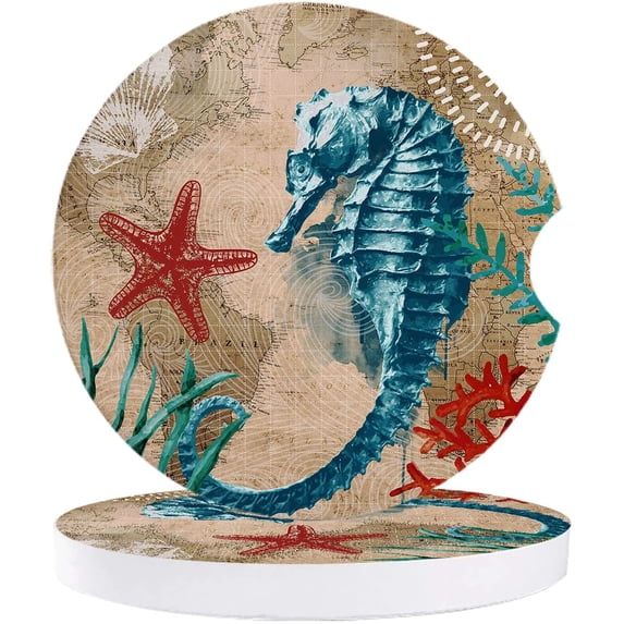 FMSHPON Nautical Theme Hippocampus Ocean Set of 6 Car Coaster for Drinks, Absorbent Ceramic Stone Coasters Cup Mat with Cork Base for Home Kitchen Room Coffee Table Bar Decor