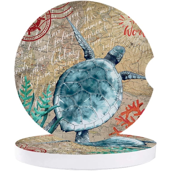 FMSHPON Nautical Theme Life Sea Turtle Retro Set of 6 Car Coaster for Drinks, Absorbent Ceramic Stone Coasters Cup Mat with Cork Base for Home Kitchen Room Coffee Table Bar Decor