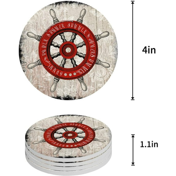 FMSHPON Nautical Theme Rudder Swimming Wood Grain Set of 4 Round Coaster for Drinks, Absorbent Ceramic Stone Coasters Cup Mat with Cork Base for Home Kitchen Room Coffee Table Bar Decor