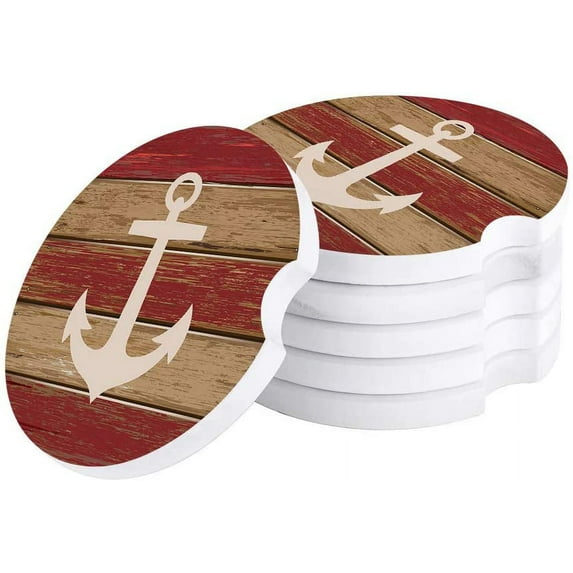 FMSHPON Nautical Themed Ship Anchor on Vintage Wooden Boards Set of 4 Car Coaster for Drinks, Absorbent Ceramic Stone Coasters Cup Mat with Cork Base for Home Kitchen Room Coffee Table Bar Decor