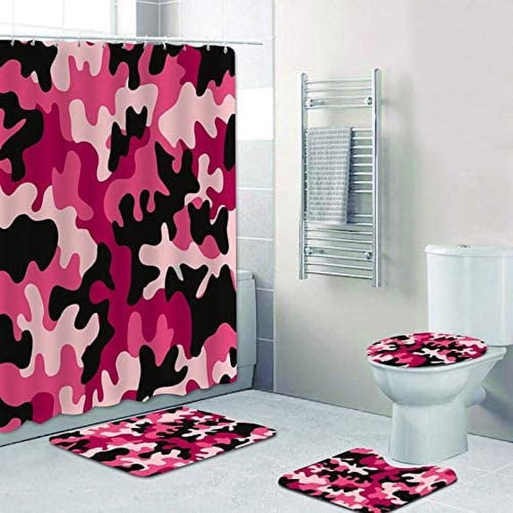 FMSHPON New Pink Camo Woman Girly Pink Camouflage Gift 4 Piece Bathroom Set Shower Curtain Bath Rug Contour Mat and Toilet Lid Cover