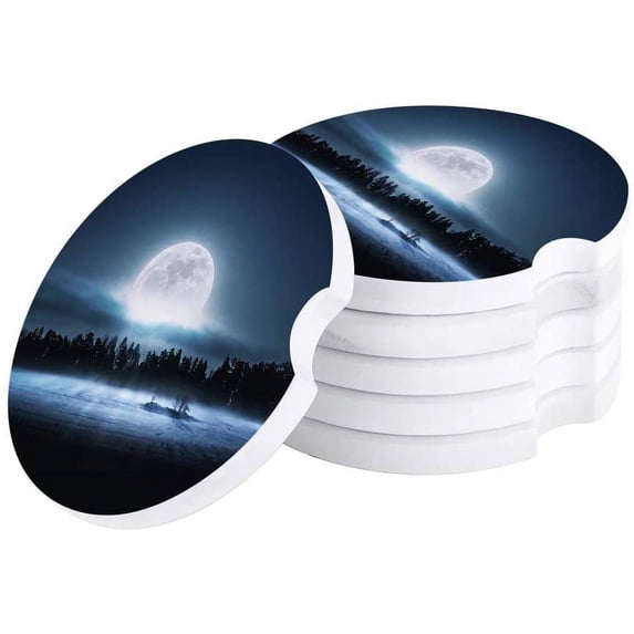 FMSHPON Night Lake Forest and Moon Set of 2 Car Coaster for Drinks, Absorbent Ceramic Stone Coasters Cup Mat with Cork Base for Home Kitchen Room Coffee Table Bar Decor