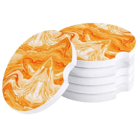FMSHPON Nordic Style Orange Marble Texture Set of 2 Car Coaster for Drinks, Absorbent Ceramic Stone Coasters Cup Mat with Cork Base for Home Kitchen Room Coffee Table Bar Decor